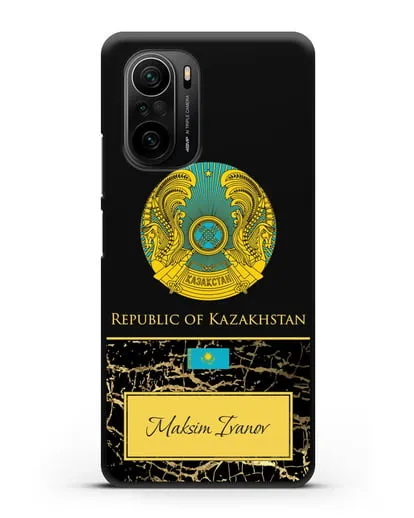 Чехол с гербом и флагом Республики Казахстан с именем, фамилией на английском языке, черный мрамор силиконовый для Xiaomi Poco F3 Pro