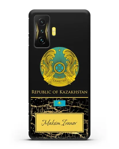 Чехол с гербом и флагом Республики Казахстан с именем, фамилией на английском языке, черный мрамор силиконовый для Xiaomi Poco F4 GT