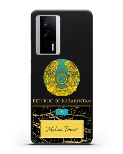 Чехол с гербом и флагом Республики Казахстан с именем, фамилией на английском языке, черный мрамор силиконовый для Xiaomi Poco F5 Pro