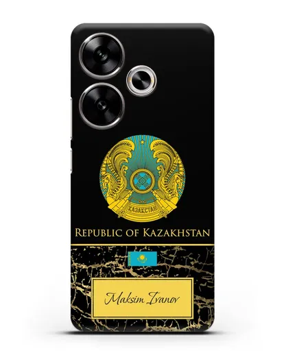 Чехол с гербом и флагом Республики Казахстан с именем, фамилией на английском языке, черный мрамор силиконовый для Xiaomi Poco F6