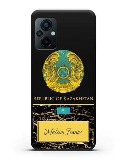 Чехол с гербом и флагом Республики Казахстан с именем, фамилией на английском языке, черный мрамор силиконовый для Xiaomi Poco M5