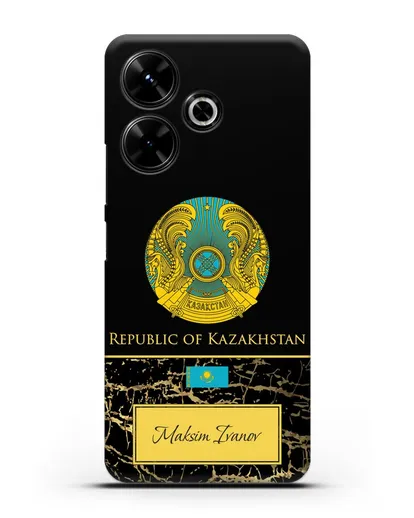 Чехол с гербом и флагом Республики Казахстан с именем, фамилией на английском языке, черный мрамор силиконовый для Xiaomi Poco M6