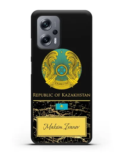 Чехол с гербом и флагом Республики Казахстан с именем, фамилией на английском языке, черный мрамор силиконовый для Xiaomi Poco X4 GT