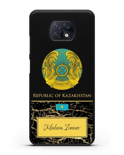 Чехол с гербом и флагом Республики Казахстан с именем, фамилией на английском языке, черный мрамор силиконовый для Xiaomi Redmi Note 9T