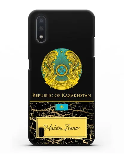 Чехол с гербом и флагом Республики Казахстан с именем, фамилией на английском языке, черный мрамор силиконовый для Samsung Galaxy A01 [SM-A015F]