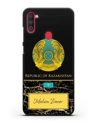 Чехол с гербом и флагом Республики Казахстан с именем, фамилией на английском языке, черный мрамор силиконовый для Samsung Galaxy A11 [SM-A115F]