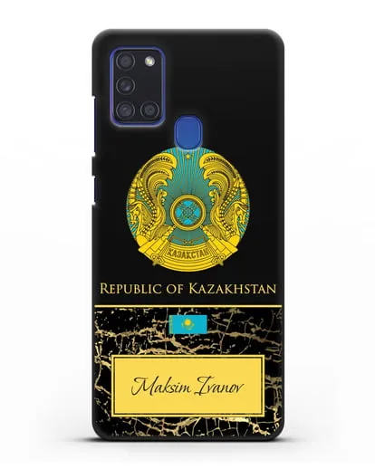 Чехол с гербом и флагом Республики Казахстан с именем, фамилией на английском языке, черный мрамор силиконовый для Samsung Galaxy A21s [SM-A217F]
