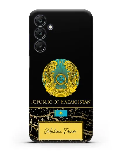 Чехол с гербом и флагом Республики Казахстан с именем, фамилией на английском языке, черный мрамор силиконовый для Samsung Galaxy A25 [SM-A256]