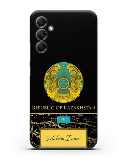 Чехол с гербом и флагом Республики Казахстан с именем, фамилией на английском языке, черный мрамор силиконовый для Samsung Galaxy A34 [SM-A346]
