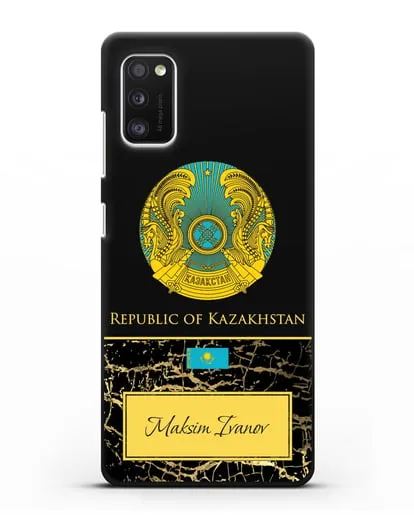 Чехол с гербом и флагом Республики Казахстан с именем, фамилией на английском языке, черный мрамор силиконовый для Samsung Galaxy A41 [SM-A415F]
