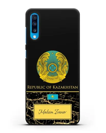 Чехол с гербом и флагом Республики Казахстан с именем, фамилией на английском языке, черный мрамор силиконовый для Samsung Galaxy A70 [SM-A705F]
