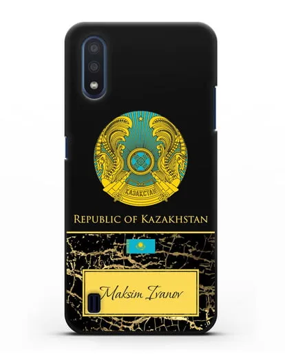Чехол с гербом и флагом Республики Казахстан с именем, фамилией на английском языке, черный мрамор силиконовый для Samsung Galaxy M01 [SM-M015F]
