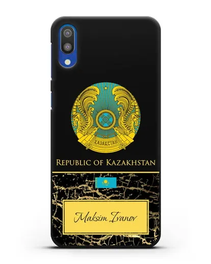 Чехол с гербом и флагом Республики Казахстан с именем, фамилией на английском языке, черный мрамор силиконовый для Samsung Galaxy M10 [SM-M105F]
