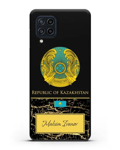 Чехол с гербом и флагом Республики Казахстан с именем, фамилией на английском языке, черный мрамор силиконовый для Samsung Galaxy M22 [M225F]