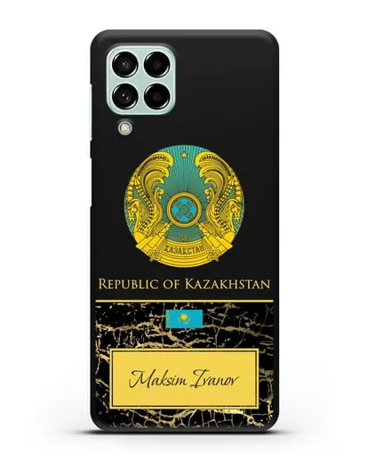 Чехол с гербом и флагом Республики Казахстан с именем, фамилией на английском языке, черный мрамор силиконовый для Samsung Galaxy M33 [SM-M336]