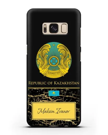 Чехол с гербом и флагом Республики Казахстан с именем, фамилией на английском языке, черный мрамор силиконовый для Samsung Galaxy S8 [SM-950F]