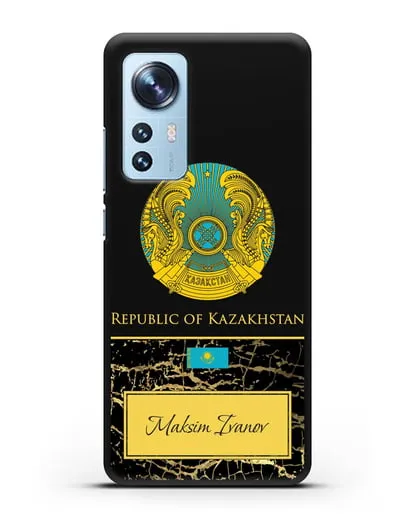 Чехол с гербом и флагом Республики Казахстан с именем, фамилией на английском языке, черный мрамор силиконовый для Xiaomi 12