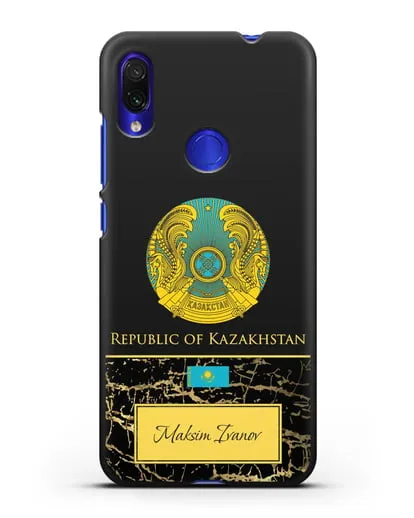 Чехол с гербом и флагом Республики Казахстан с именем, фамилией на английском языке, черный мрамор силиконовый для Xiaomi Redmi Note 7