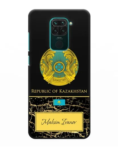 Чехол с гербом и флагом Республики Казахстан с именем, фамилией на английском языке, черный мрамор силиконовый для Xiaomi Redmi Note 9