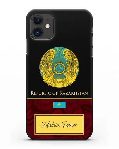Чехол с гербом и флагом Республики Казахстан с именем, фамилией на английском языке, красный мрамор силиконовый для iPhone 11