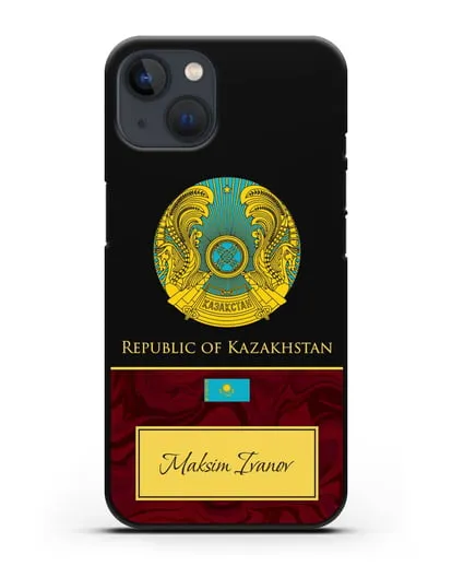 Чехол с гербом и флагом Республики Казахстан с именем, фамилией на английском языке, красный мрамор силиконовый для iPhone 13