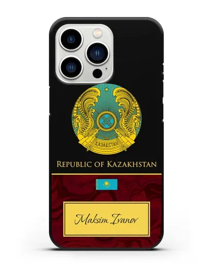 Чехол с гербом и флагом Республики Казахстан с именем, фамилией на английском языке, красный мрамор силиконовый для iPhone 13 Pro