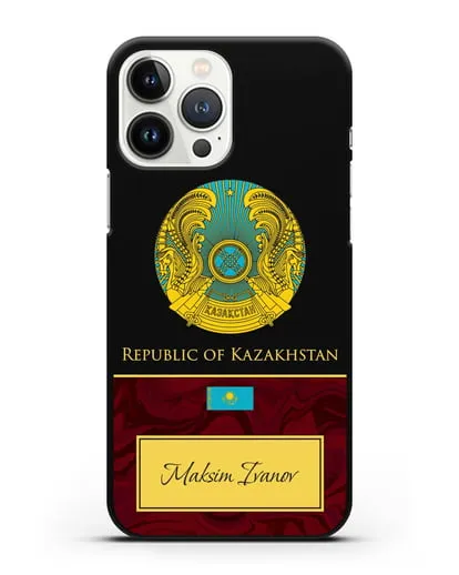 Чехол с гербом и флагом Республики Казахстан с именем, фамилией на английском языке, красный мрамор силиконовый для iPhone 13 Pro Max