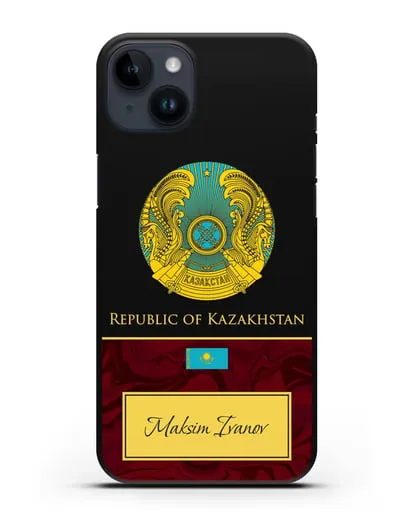 Чехол с гербом и флагом Республики Казахстан с именем, фамилией на английском языке, красный мрамор силиконовый для iPhone 14 Plus