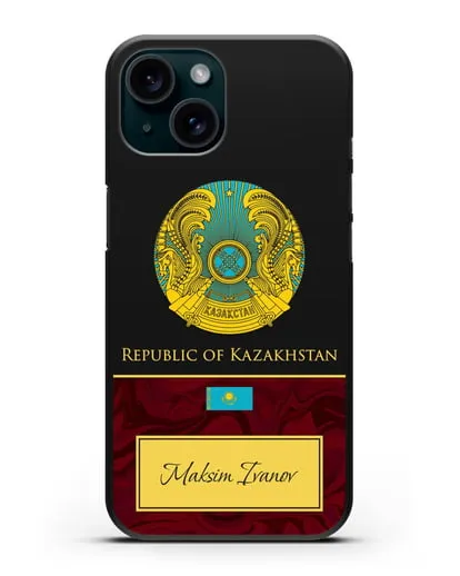 Чехол с гербом и флагом Республики Казахстан с именем, фамилией на английском языке, красный мрамор силиконовый для iPhone 15
