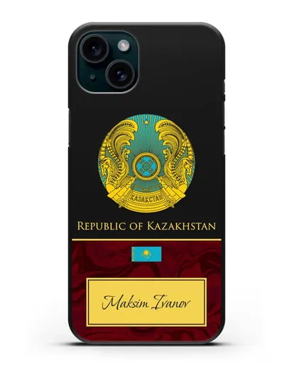 Чехол с гербом и флагом Республики Казахстан с именем, фамилией на английском языке, красный мрамор силиконовый для iPhone 15 Plus