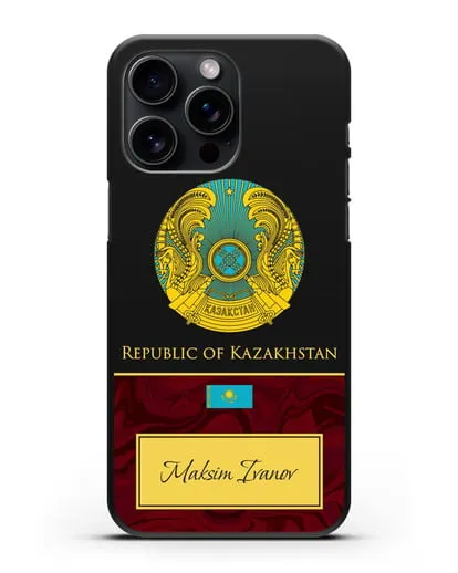 Чехол с гербом и флагом Республики Казахстан с именем, фамилией на английском языке, красный мрамор силиконовый для iPhone 15 Pro Max