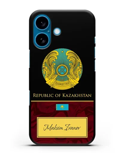 Чехол с гербом и флагом Республики Казахстан с именем, фамилией на английском языке, красный мрамор силиконовый для iPhone 16