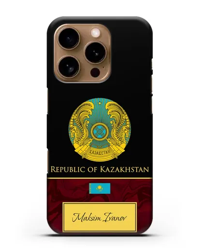 Чехол с гербом и флагом Республики Казахстан с именем, фамилией на английском языке, красный мрамор силиконовый для iPhone 16 Pro