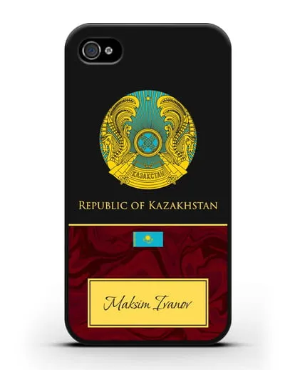 Чехол с гербом и флагом Республики Казахстан с именем, фамилией на английском языке, красный мрамор силиконовый для iPhone 4/4s