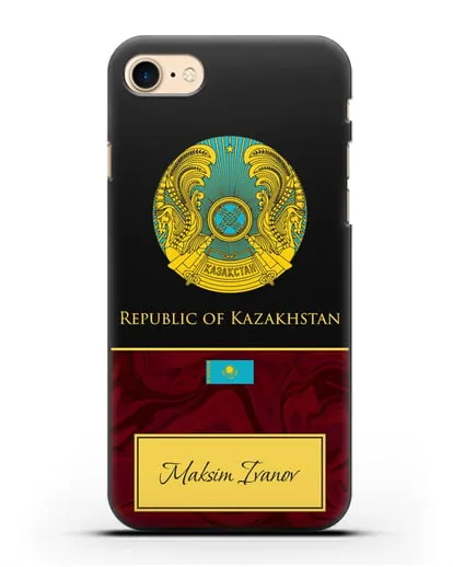 Чехол с гербом и флагом Республики Казахстан с именем, фамилией на английском языке, красный мрамор силиконовый для iPhone 8