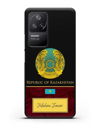 Чехол с гербом и флагом Республики Казахстан с именем, фамилией на английском языке, красный мрамор силиконовый для Xiaomi Poco F4