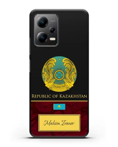 Чехол с гербом и флагом Республики Казахстан с именем, фамилией на английском языке, красный мрамор силиконовый для Xiaomi Poco X5