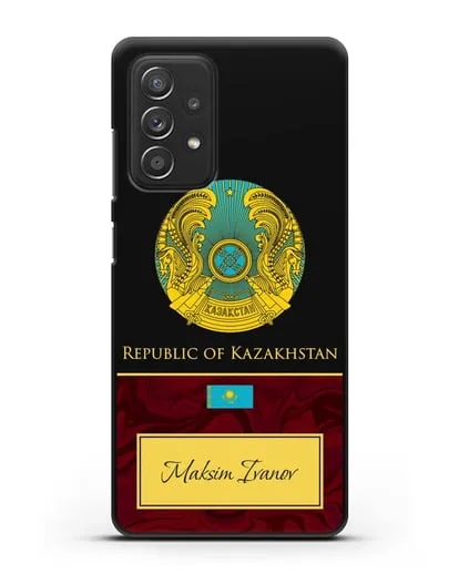 Чехол с гербом и флагом Республики Казахстан с именем, фамилией на английском языке, красный мрамор силиконовый для Samsung Galaxy A53