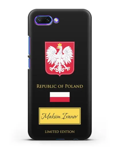 Чехол с гербом и флагом Республики Польша с именем, фамилией на английском языке силиконовый для Honor 10