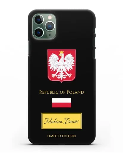 Чехол с гербом и флагом Республики Польша с именем, фамилией на английском языке силиконовый для iPhone 11 Pro Max