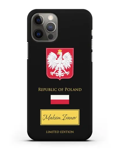 Чехол с гербом и флагом Республики Польша с именем, фамилией на английском языке силиконовый для iPhone 12 Pro