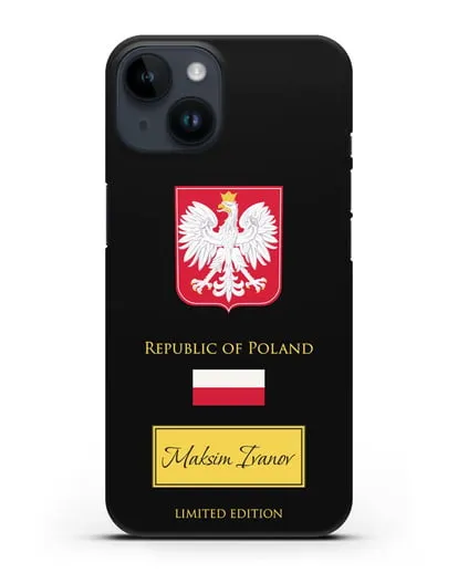 Чехол с гербом и флагом Республики Польша с именем, фамилией на английском языке силиконовый для iPhone 14