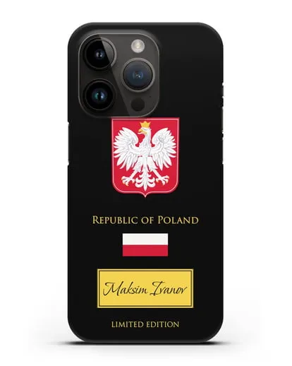 Чехол с гербом и флагом Республики Польша с именем, фамилией на английском языке силиконовый для iPhone 14 Pro