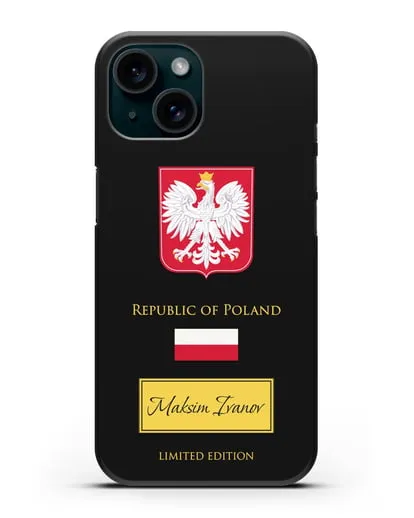 Чехол с гербом и флагом Республики Польша с именем, фамилией на английском языке силиконовый для iPhone 15