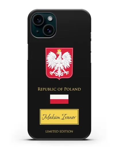 Чехол с гербом и флагом Республики Польша с именем, фамилией на английском языке силиконовый для iPhone 15 Plus