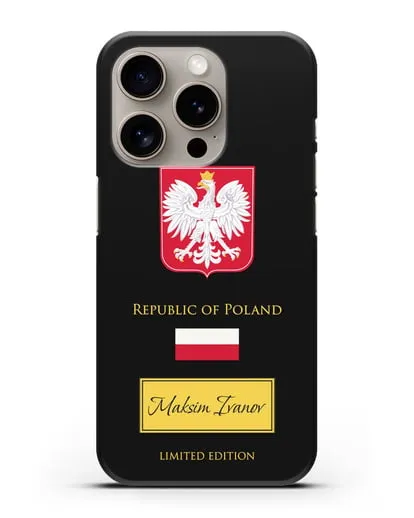 Чехол с гербом и флагом Республики Польша с именем, фамилией на английском языке силиконовый для iPhone 15 Pro