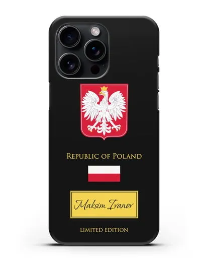 Чехол с гербом и флагом Республики Польша с именем, фамилией на английском языке силиконовый для iPhone 15 Pro Max