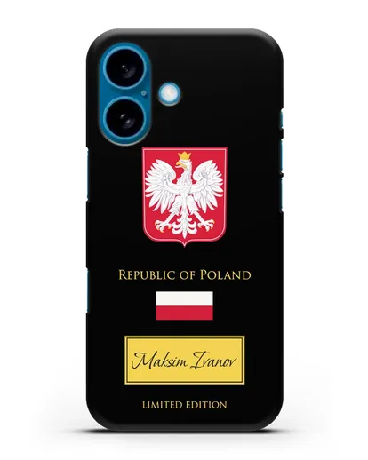 Чехол с гербом и флагом Республики Польша с именем, фамилией на английском языке силиконовый для iPhone 16