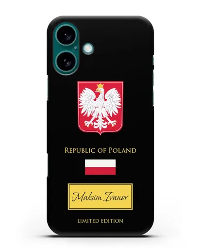 Чехол с гербом и флагом Республики Польша с именем, фамилией на английском языке силиконовый для iPhone 16 Plus