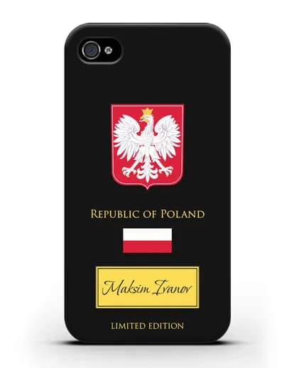 Чехол с гербом и флагом Республики Польша с именем, фамилией на английском языке силиконовый для iPhone 4/4s